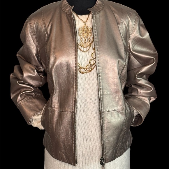 Sigrid Olsen Size L Buttery Soft Lamb Leather Jacket Metalic Champagne Gold Zip - Picture 1 of 11